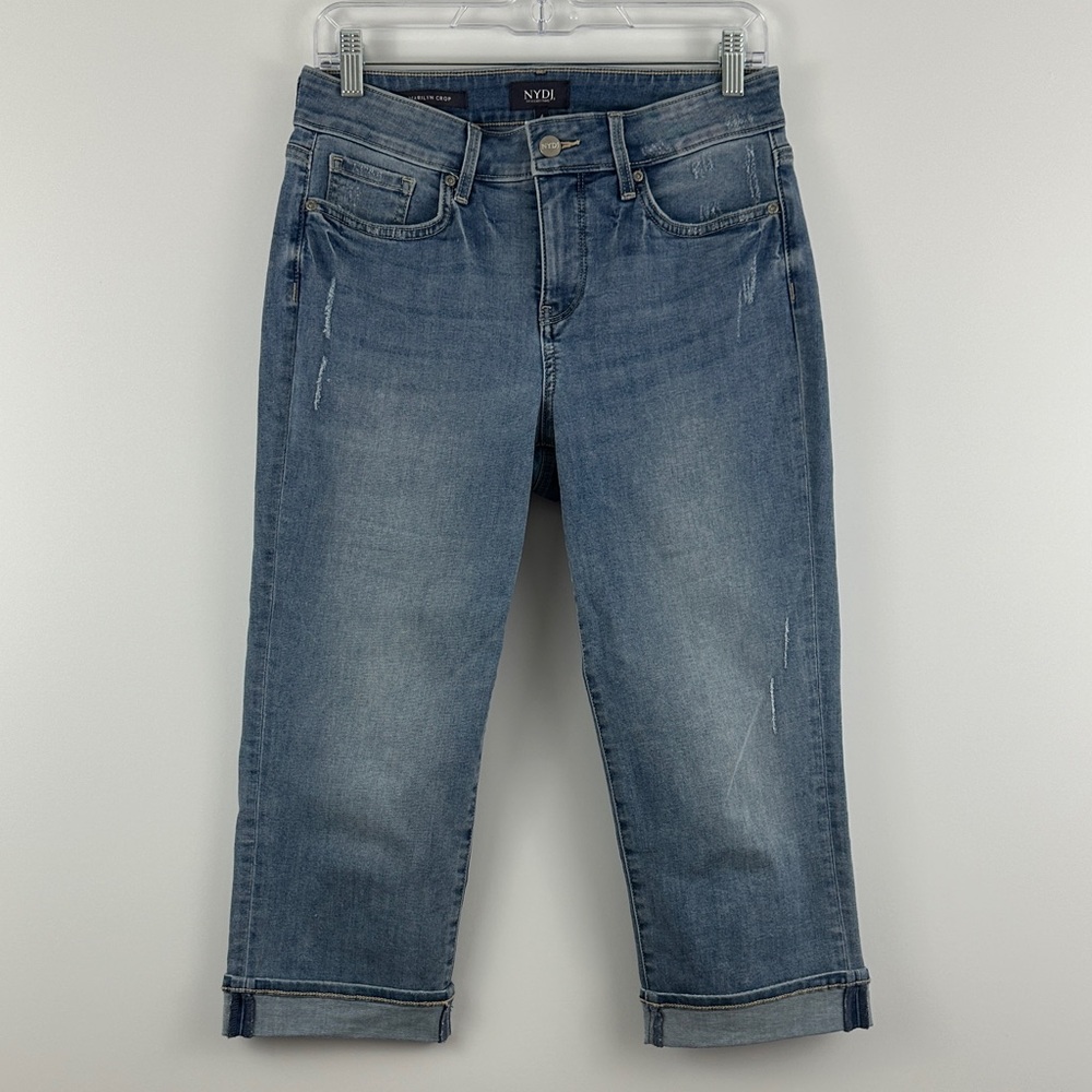 Nydj Marilyn Crop Distressed Jeans Cool Embrace Lift Tuck Mid Rise 4